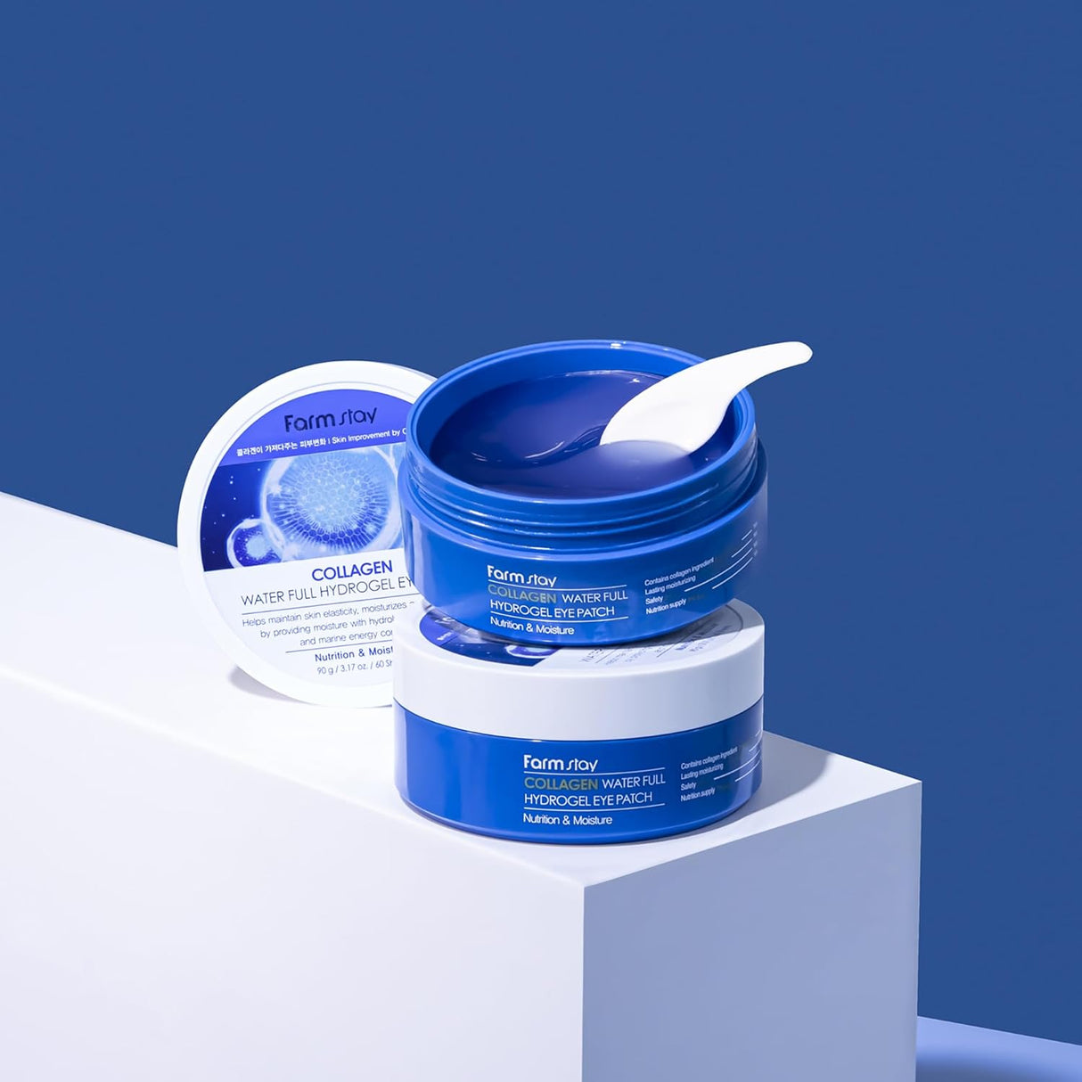 Collagen hydrogel eye patch container with spatula for hygienic use