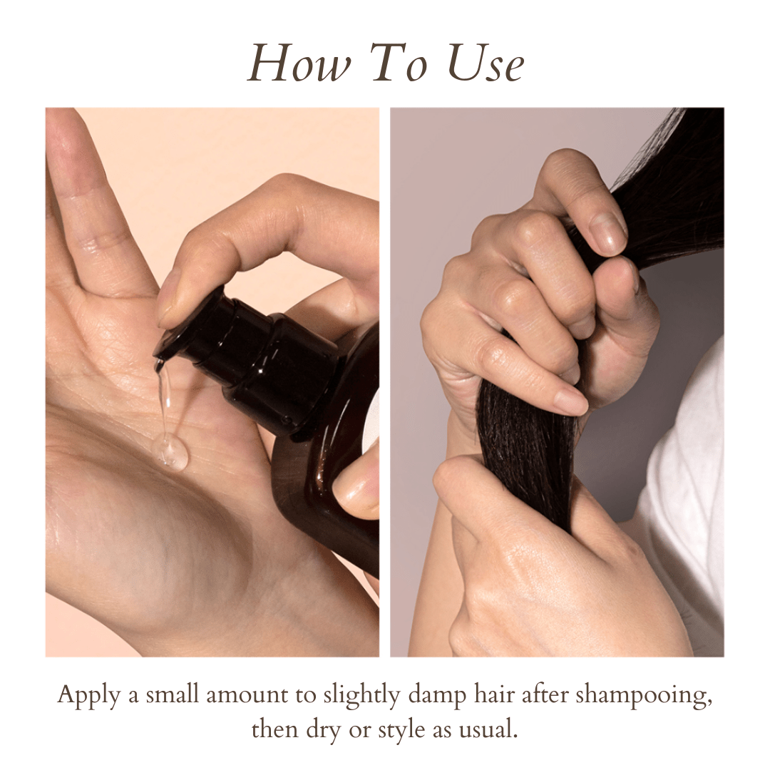 Apply a small amount hair oil to slightly dap hair after shampooing then dry or style as usual.