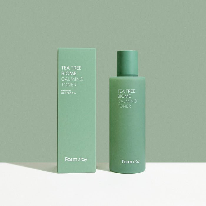 Farmstay Tea Tree Biome Calming Toner: Refreshes and balances skin, soothes irritation, boosts hydration, reduces wrinkles.