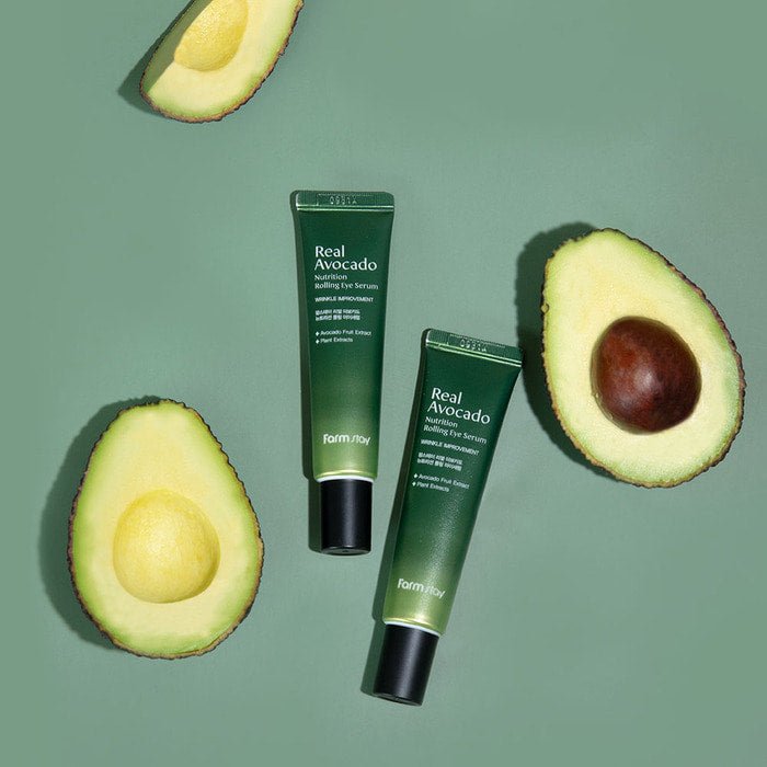 Farmstay Avocado Rolling Eye Serum: Hydrates, brightens, nourishes, improves elasticity. Marine collagen, roll-on applicator.