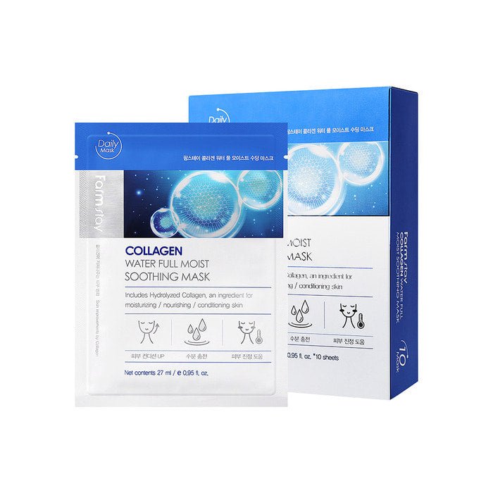 Farmstay Collagen Water Full Moist Soothing Mask: Nourishing mask with hydrolyzed collagen. Providing deep hydration.