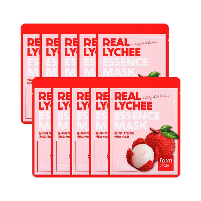 Farmstay Lychee Essence Mask: Controls sebum, balances moisture, soothes irritation, and boosts hydration for healthier skin.