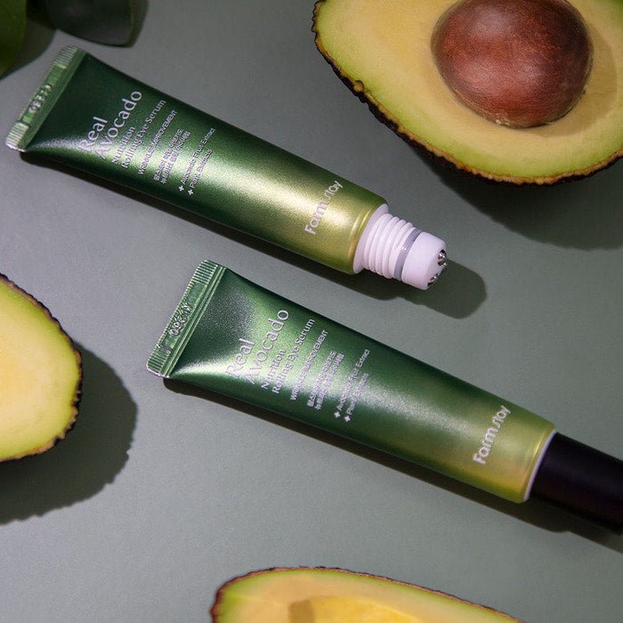 Farmstay Avocado Rolling Eye Serum: Hydrates, brightens, nourishes, improves elasticity. Marine collagen, roll-on applicator.