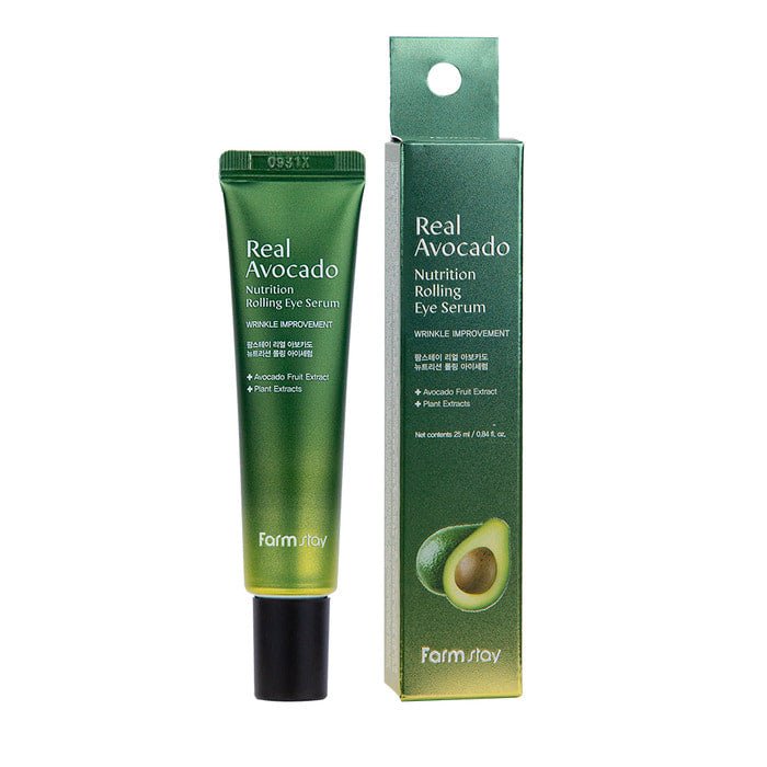 Farmstay Avocado Rolling Eye Serum: Hydrates, brightens, nourishes, improves elasticity. Marine collagen, roll-on applicator.