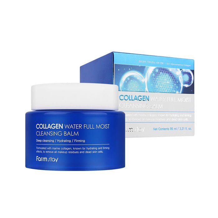 Farmstay Collagen Water Full Moist Cleansing Balm: Removes makeup, strengthens elasticity, nourishes and soothes dry skin.