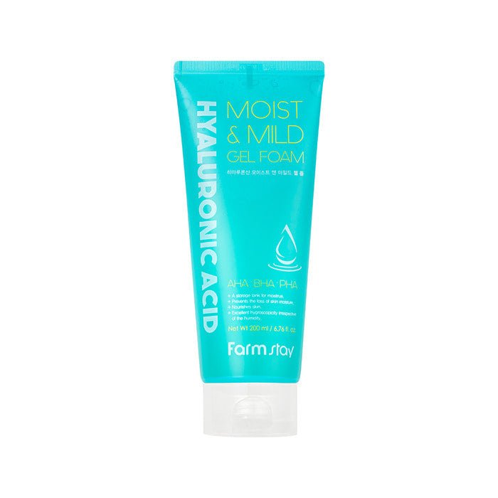 Farmstay Hyaluronic Acid Moist and Mild Gel Foam: Cleanse and hydrate your skin while soothing irritation, and moisturized.