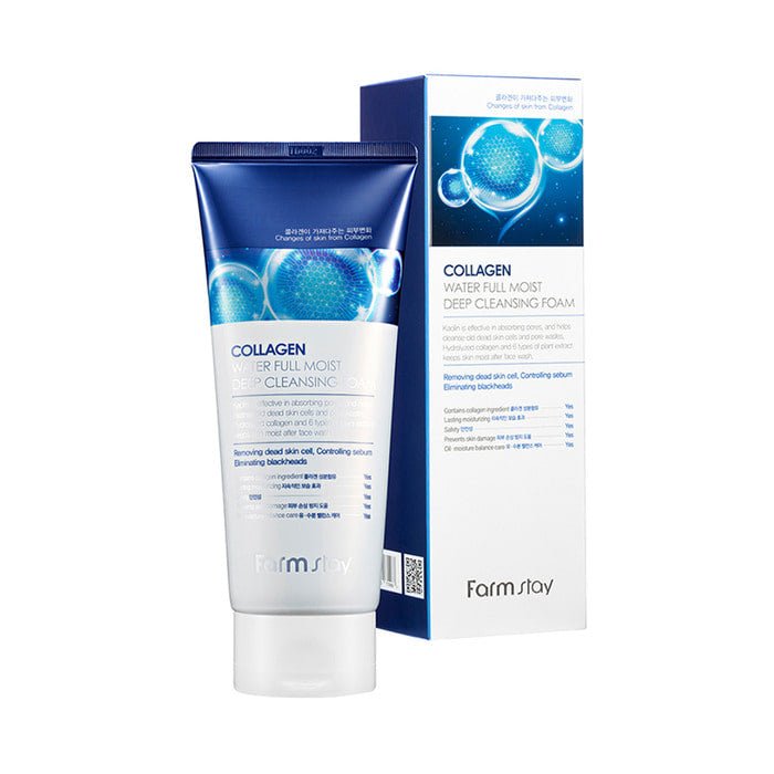Farmstay Collagen Water Full Moist Deep Cleansing Foam: Removes makeup residue, dirt, and impurities. Controls sebum.