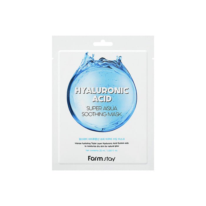 Farmstay Hyaluronic Acid Super Aqua Soothing Mask: Deeply hydrates with hyaluronic acid, strengthens skin barrier.