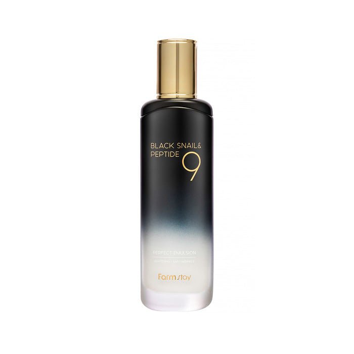 Farmstay Black Snail & Peptide 9 Perfect Emulsion: Improves elasticity, nourishes, refines texture, retains moisture.