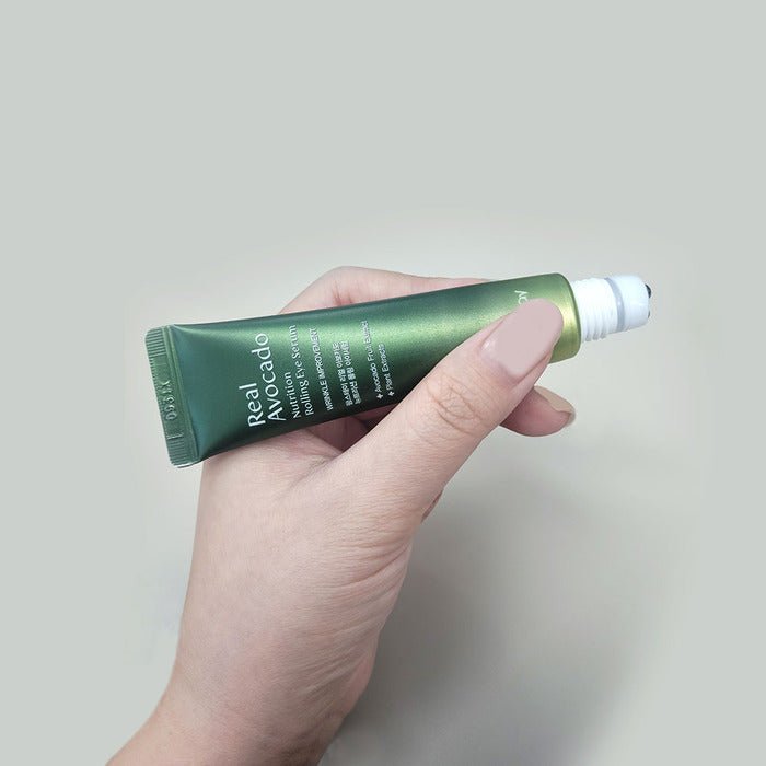 Farmstay Avocado Rolling Eye Serum: Hydrates, brightens, nourishes, improves elasticity. Marine collagen, roll-on applicator.
