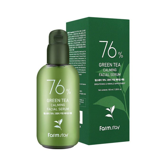 Farmstay 76% Green Tea Calming Facial Serum: Soothes and hydrates irritated skin. Strengthens the skin barrier.