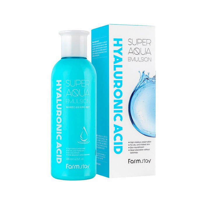 Farmstay Hyaluronic Acid Super Aqua Emulsion: Deep hydration, fast absorption. Boosts moisture and strengthens skin barrier.
