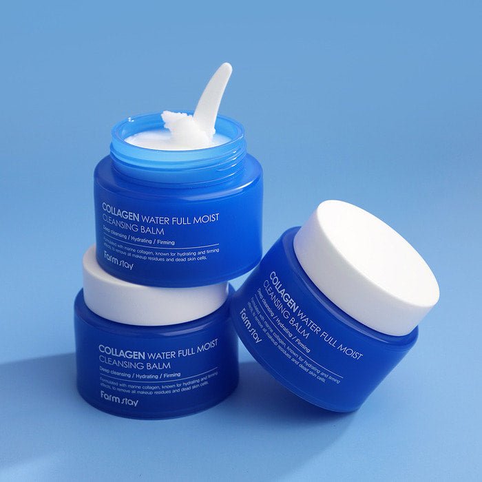 Farmstay Collagen Water Full Moist Cleansing Balm: Removes makeup, strengthens elasticity, nourishes and soothes dry skin.
