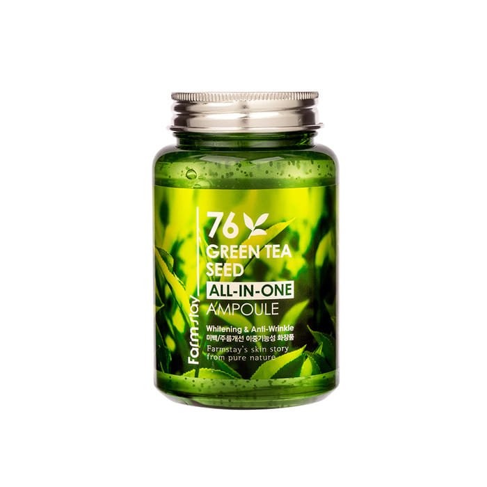 Farmstay 76 Green Tea Seed All-in-One Ampoule: Hydrates, protects, and brightens skin. Provides antioxidant benefits.