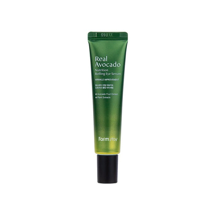 Farmstay Avocado Rolling Eye Serum: Hydrates, brightens, nourishes, improves elasticity. Marine collagen, roll-on applicator.