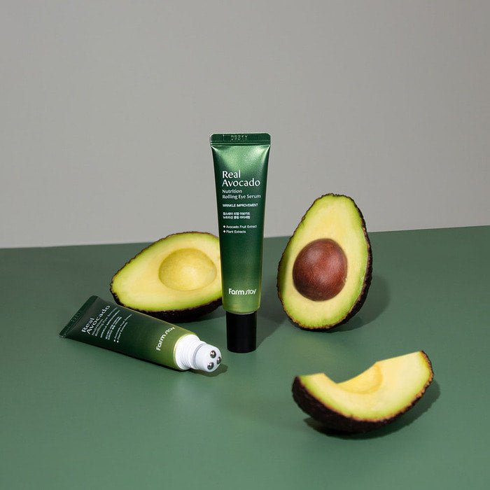 Farmstay Avocado Rolling Eye Serum: Hydrates, brightens, nourishes, improves elasticity. Marine collagen, roll-on applicator.
