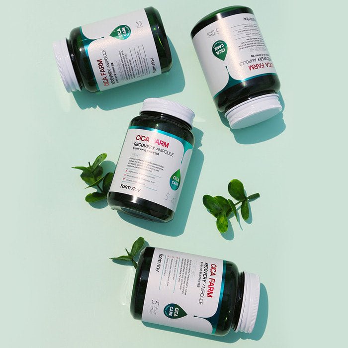 Farmstay Cica Farm Recovery Ampoule: Soothes, brightens, and deeply moisturizes skin with Centella Asiatica extract.