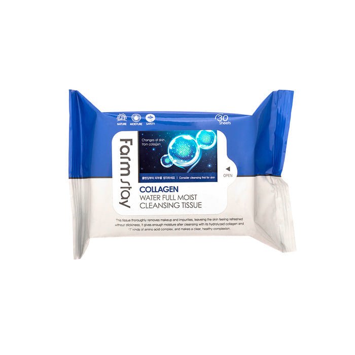 Farmstay Collagen Water Full Moist Cleansing Tissue: Easily removes dirt and makeup residue. Replenishes moisture.