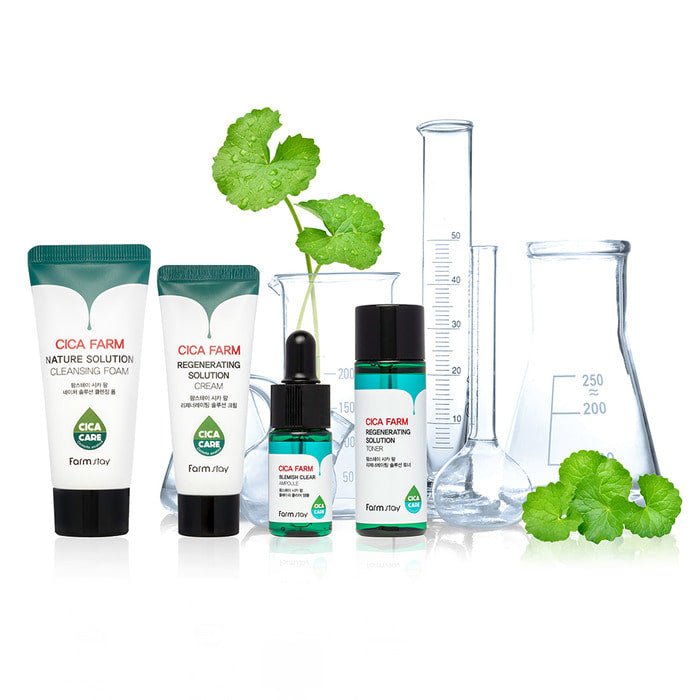 Farmstay Cica Farm Special Mini Kit: 4-piece set with centella asiatica extract for soothing skin, balancing oil and moisture
