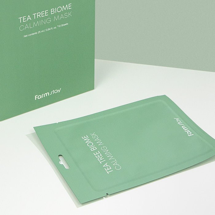 Farmstay Tea Tree Biome Calming Mask: Soothes and strengthens skin. Hydrates and nourishes. Reinforces damaged skin barrier.