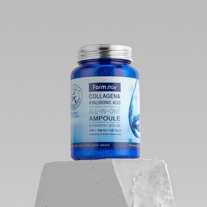 Farmstay Collagen & Hyaluronic Acid All-in-One Ampoule: Marine collagen formula for hydrated, bright, and elastic skin.