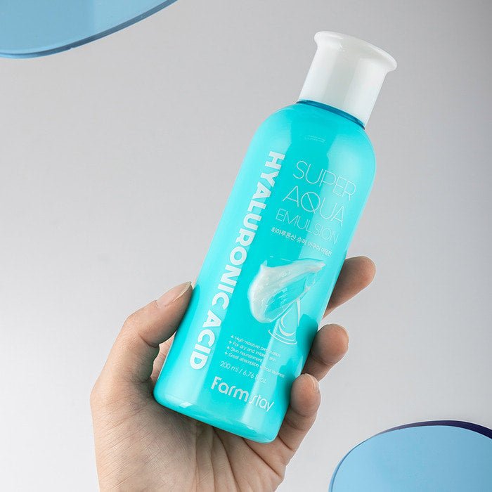 Farmstay Hyaluronic Acid Super Aqua Emulsion: Deep hydration, fast absorption. Boosts moisture and strengthens skin barrier.