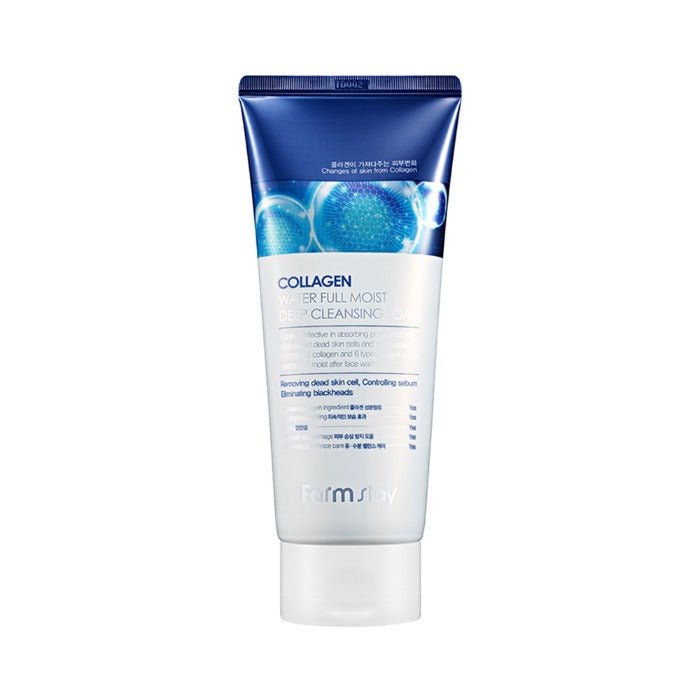 Farmstay Collagen Water Full Moist Deep Cleansing Foam: Removes makeup residue, dirt, and impurities. Controls sebum.