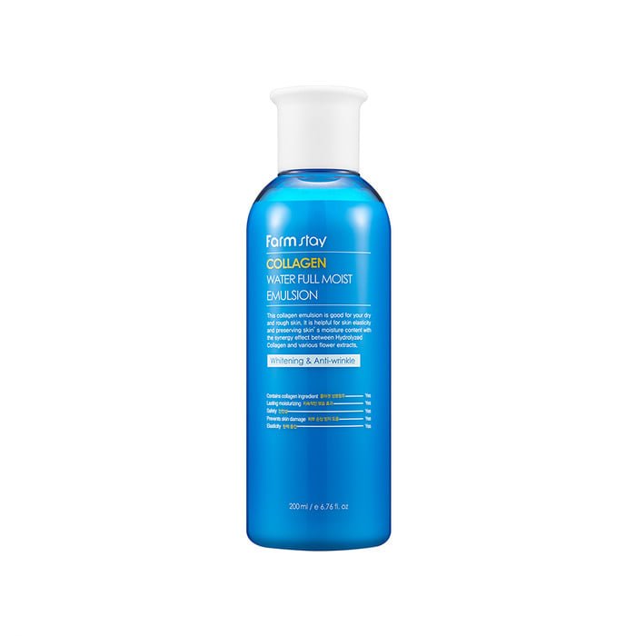 Farmstay Collagen Water Full Moist Emulsion Moisturizing, treats wrinkles, strengthens skin barrier, and attracts moisture.