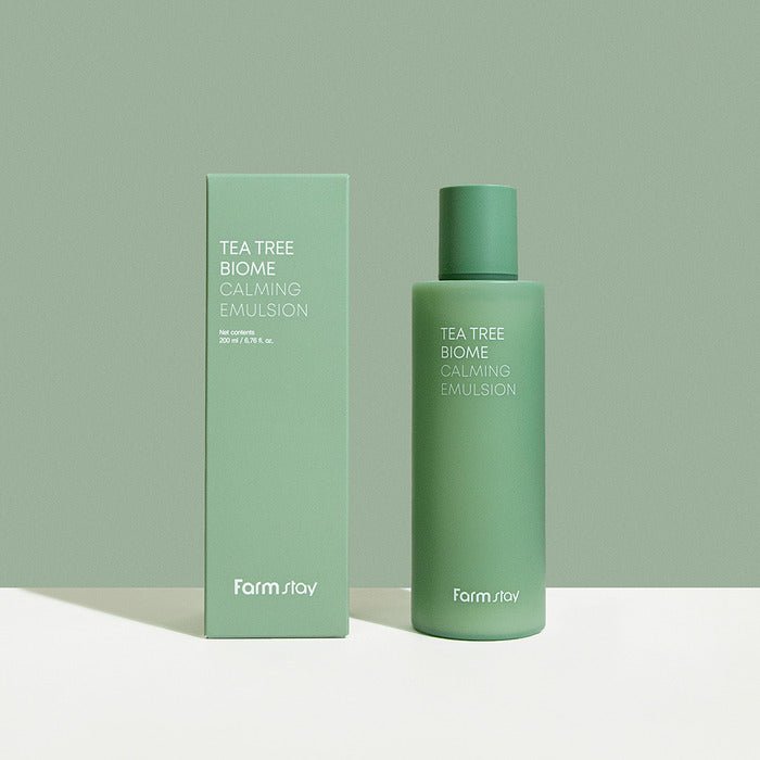 Farmstay Tea Tree Biome Calming Emulsion: Hydrates, soothes, and controls sebum. With tea tree biome for healthy skin balance
