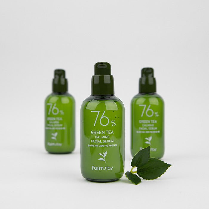 Farmstay 76% Green Tea Calming Facial Serum: Soothes and hydrates irritated skin. Strengthens the skin barrier.