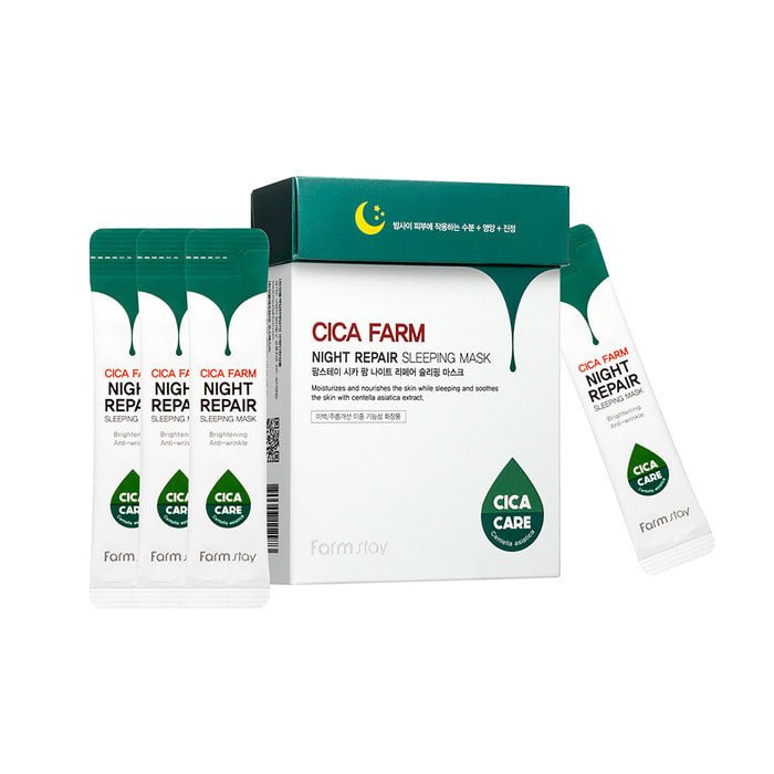 Farmstay Cica Farm Night Repair Sleeping Mask: Soothes, repairs, and hydrates skin overnight with Centella Asiatica extract.