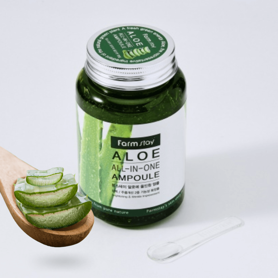 Farmstay Aloe All-in-One Ampoule: Soothes and moisturizes dry skin. Protective moisture barrier. Long-lasting hydration