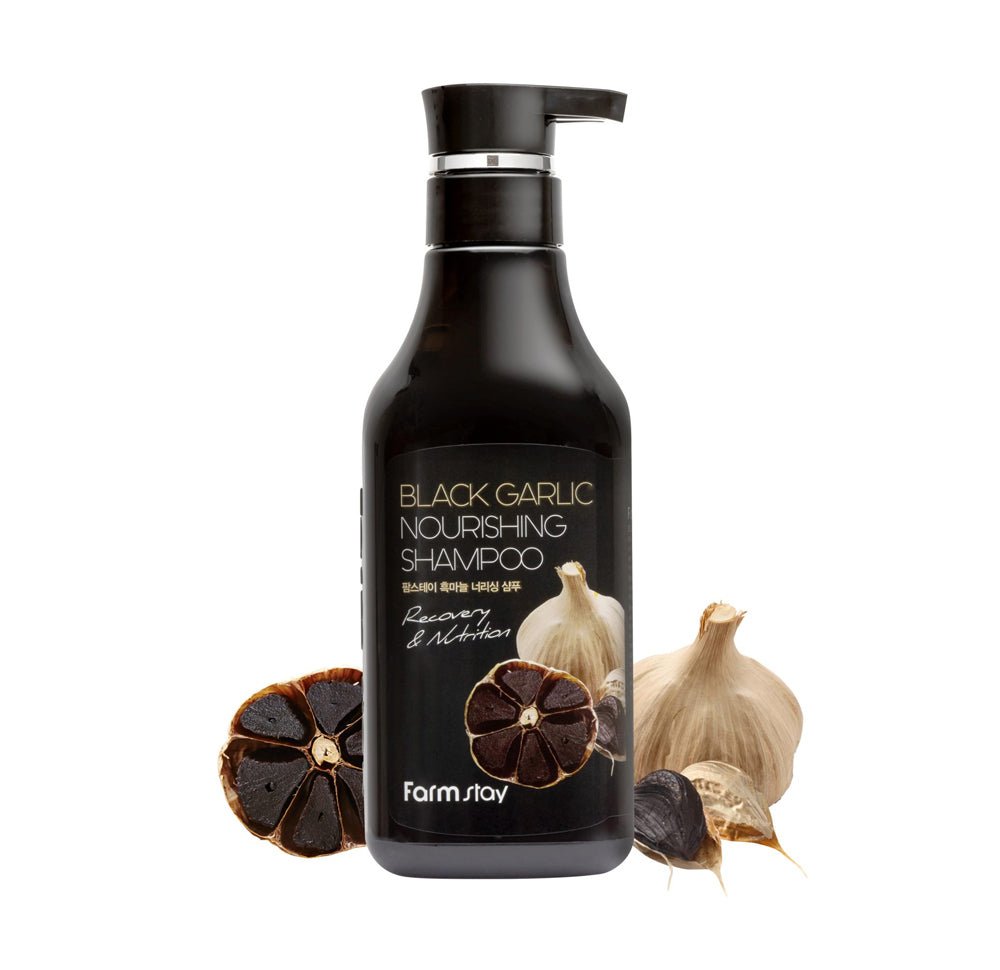 Farmstay Black Garlic Nourishing Shampoo: Improves scalp circulation and hair follicles and promotes thick and healthy hair