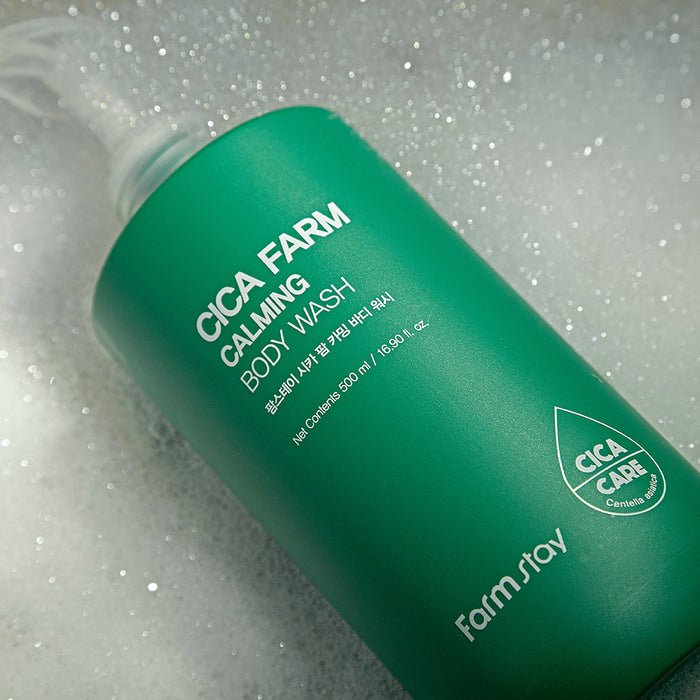 Farmstay Cica Farm Body Wash: Balances skin's oil and water ratio. Soothes and nourishes with Centella Asiatica. pH-balanced