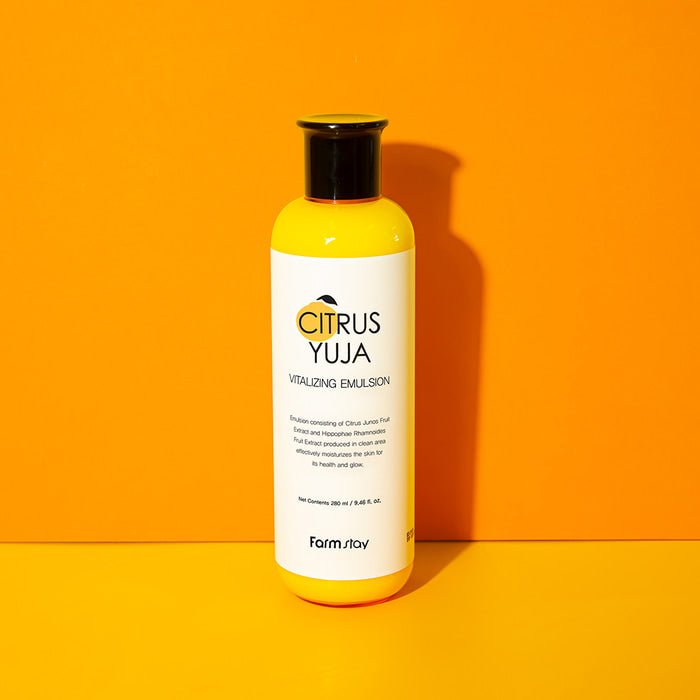 Farmstay Citrus Yuja Emulsion: Intense moisturizing. Treats wrinkles. Strengthens skin barrier. Enhances elasticity.