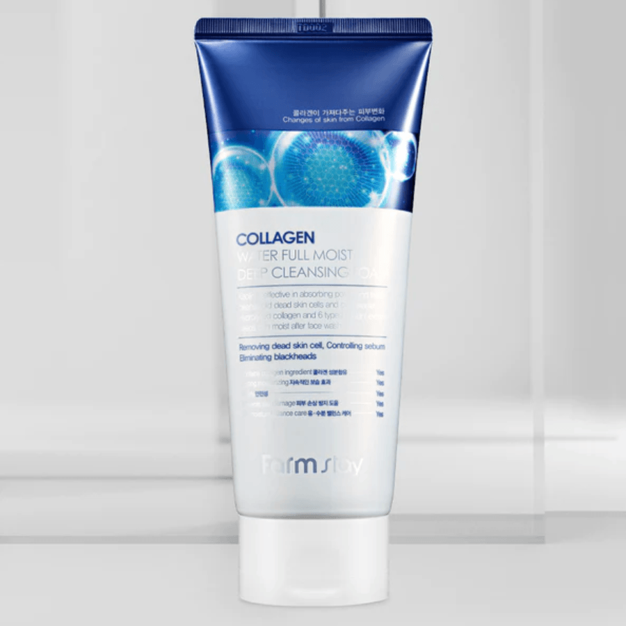 Farmstay Collagen Water Full Moist Deep Cleansing Foam: Removes makeup residue, dirt, and impurities. Controls sebum.