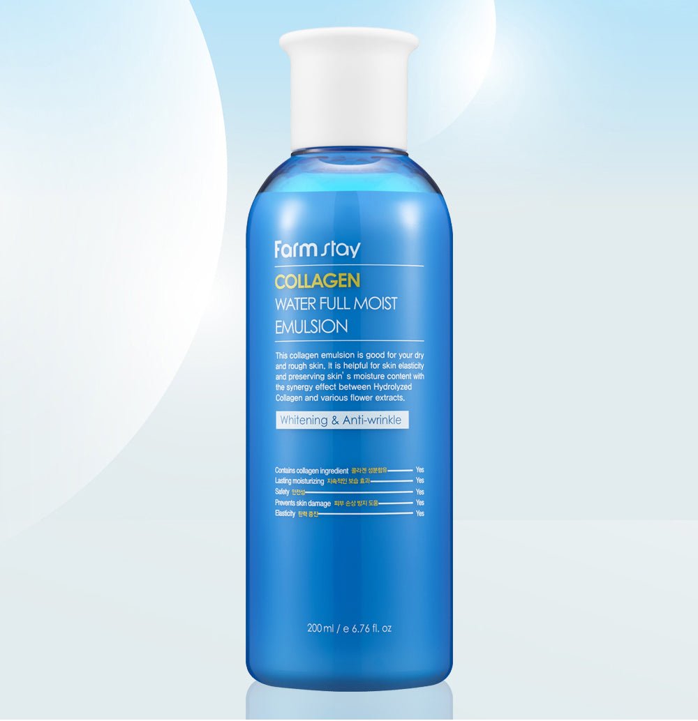 Farmstay Collagen Water Full Moist Emulsion Moisturizing, treats wrinkles, strengthens skin barrier, and attracts moisture.