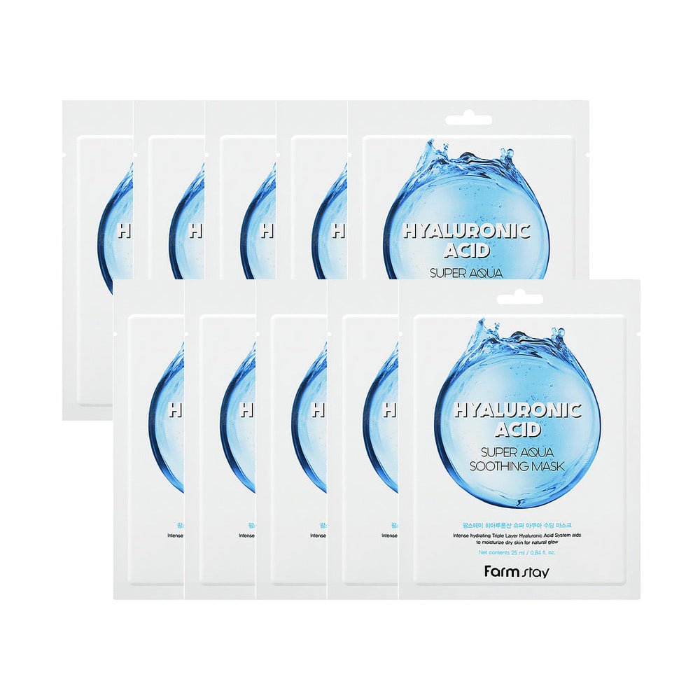 Farmstay Hyaluronic Acid Super Aqua Soothing Mask: Deeply hydrates with hyaluronic acid, strengthens skin barrier.