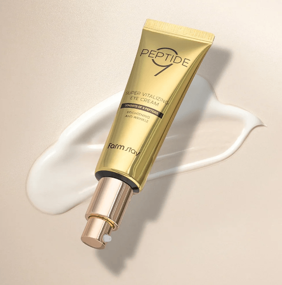 Farmstay Peptide 9 Eye Cream: Puffiness eliminator, brightens skin, reduces wrinkles, smooths creases, and optimal moisture.