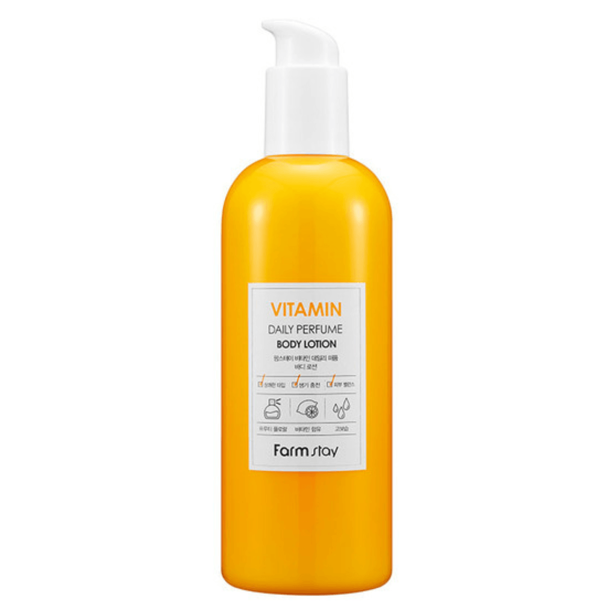 Farmstay Vitamin Body Lotion: Moisturize and revitalize skin. Sweet fruity-floral scent. Enriched with marine collagen.