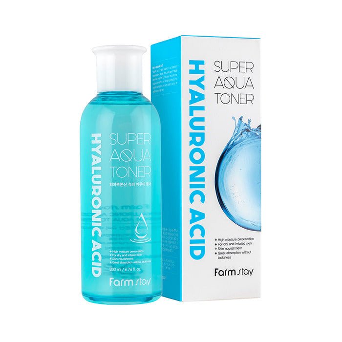 Farmstay Hyaluronic Acid Super Aqua Toner: Hydrates, smooths skin texture, fortifies skin barrier, prevents moisture loss.