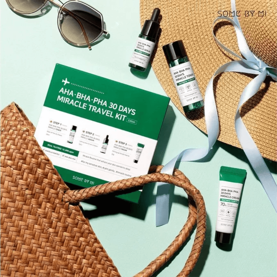 SOME BY MI AHA.BHA.PHA 30 Days Miracle Travel Kit: Toner, serum, cream for troubled skin. Tea Tree soothe, compact for travel