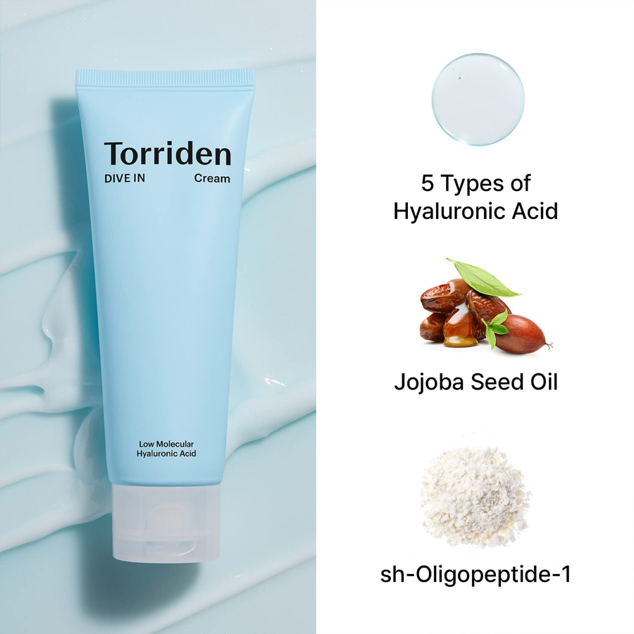 Torriden DIVE-IN Low Molecular Hyaluronic Acid Cream: Hydrates and soothes skin. Prevents moisture loss. Silky texture.
