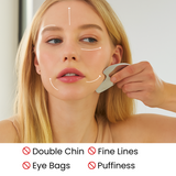 Woman using a skincare tool on her face with text indicating features of the tool.