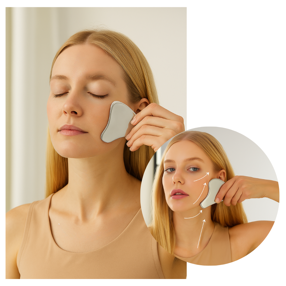 Woman using a skincare device on her face with a close-up inset showing the device in action.