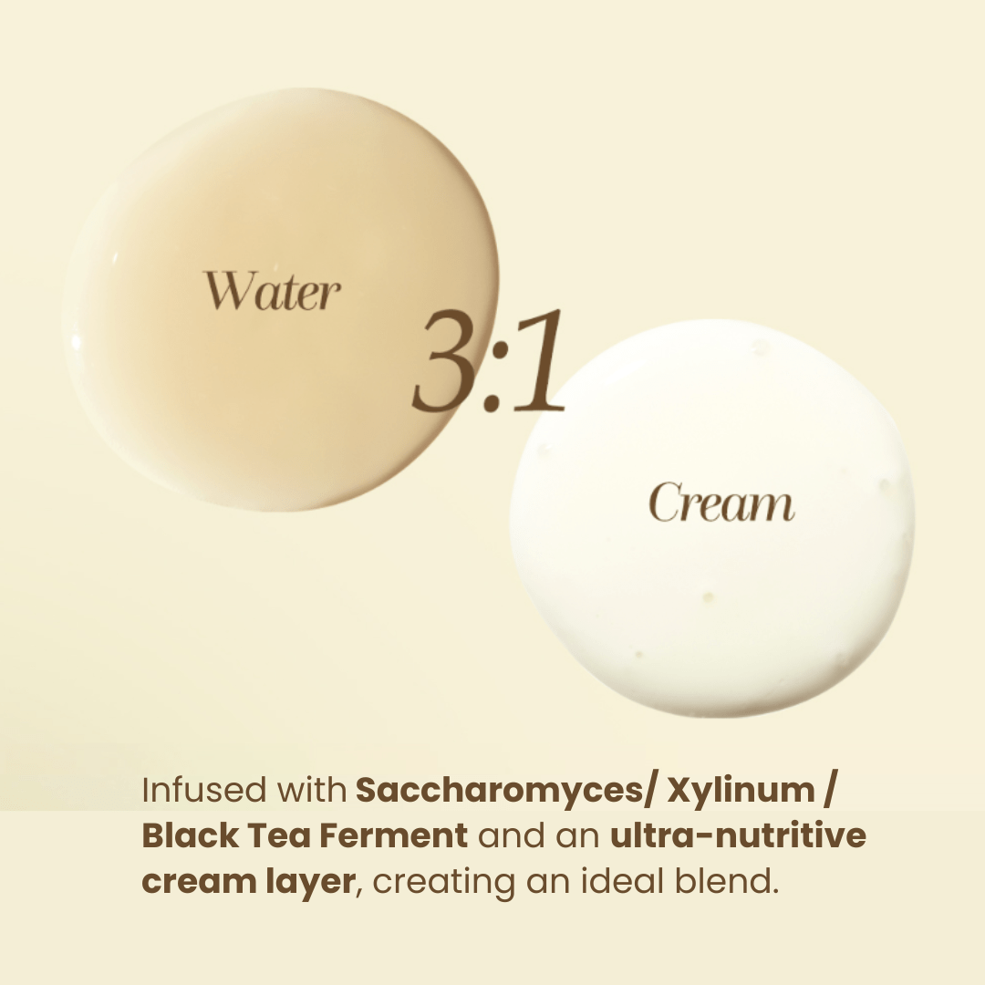 It combines a moisturizing water layer infused with yeast/saline/fermented black tea and an ultra-nutritive cream layer, creating an ideal blend.