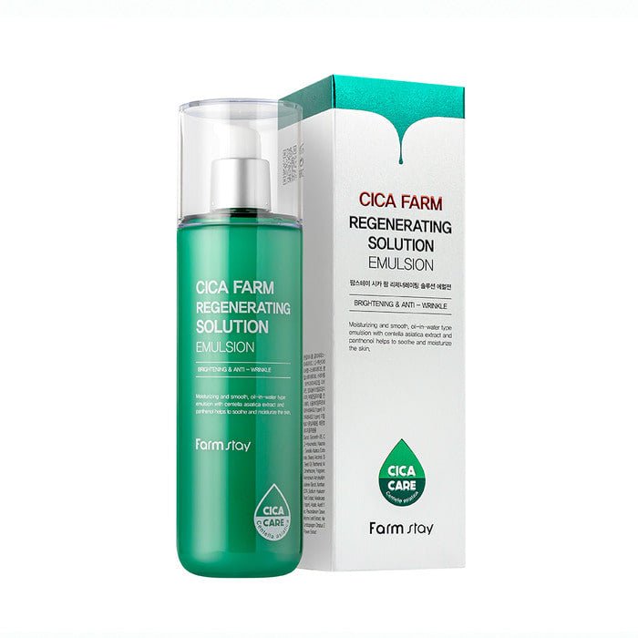 Farmstay Cica Farm Regenerating Solution Emulsion: Hydrate, soothe, and strengthen with Centella Asiatica extract.
