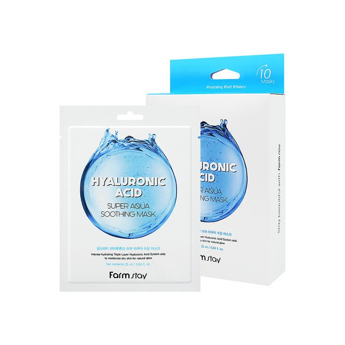 Farmstay Hyaluronic Acid Super Aqua Soothing Mask: Deeply hydrates with hyaluronic acid, strengthens skin barrier.