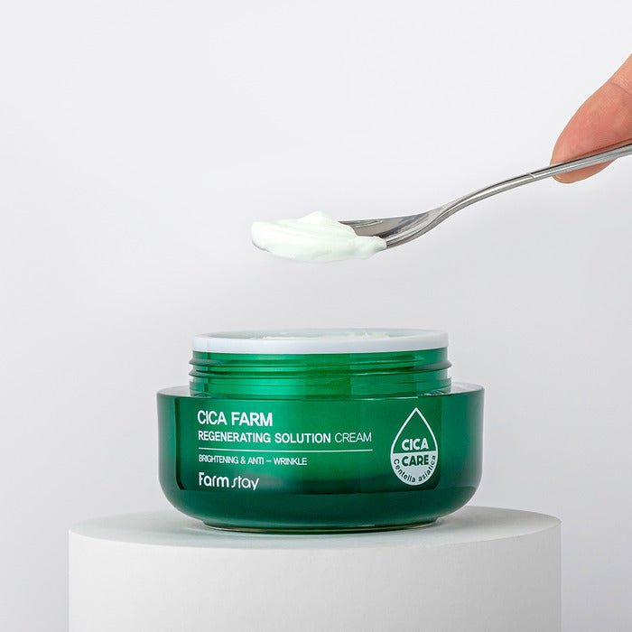 Farmstay Cica Farm Regenerating Solution Cream: Soothing and deeply moisturizing with Centella Asiatica extract.