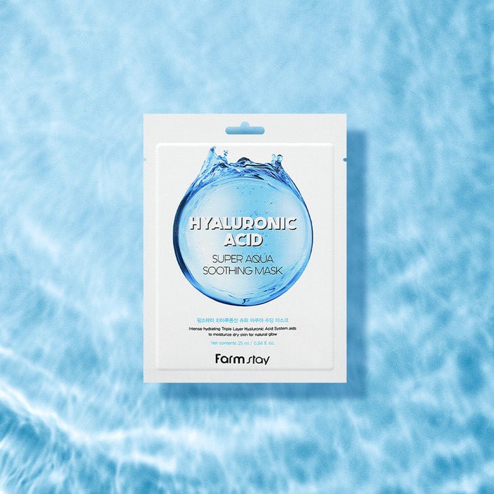 Farmstay Hyaluronic Acid Super Aqua Soothing Mask: Deeply hydrates with hyaluronic acid, strengthens skin barrier.